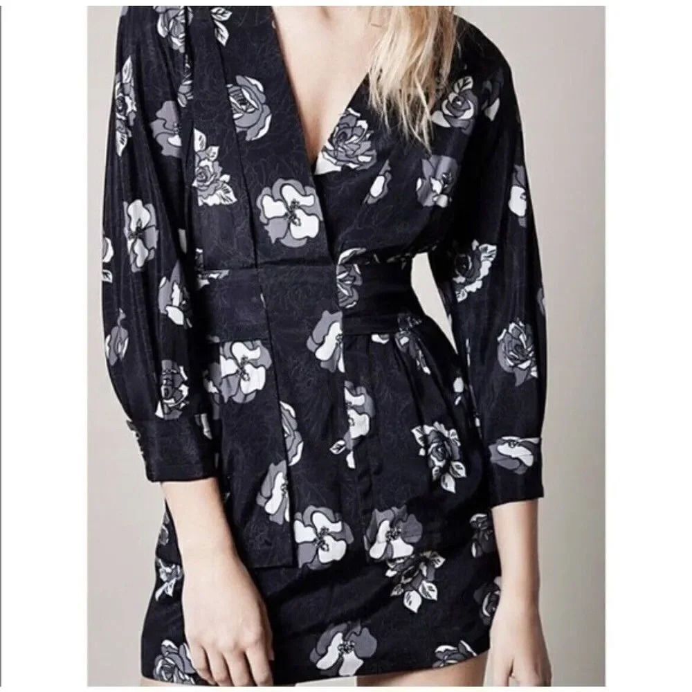 Smythe Black White Floral Y-Front Mini Dress  8‎